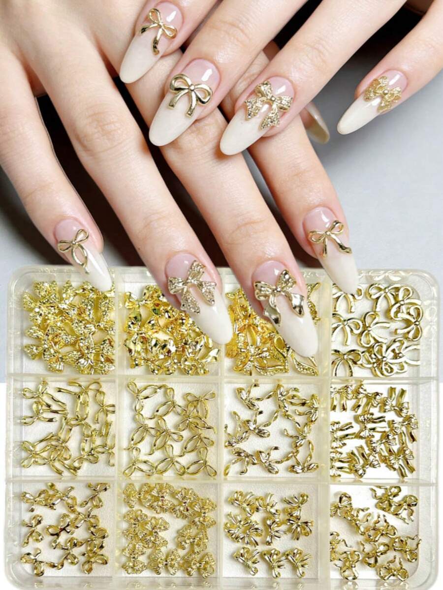 1 Hộp Phụ Kiện Trang Trí Móng Tay 3D Vàng Hỗn Hợp Ngẫu Nhiên, Nơ Hợp Kim Kiểu Y2K, Ruy Băng Kim Loại, Đá Đính Móng Tay Dẹt Phong Cách Gothic, Phụ Kiện Tự Làm Móng Tay, Vật Tư Làm Móng - Vàng - Xem 1