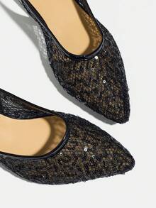 女士时尚网面凉鞋，透气百搭中跟尖头亮片粗跟无后跟绑带优雅包头凉鞋，不累脚 - 黑色 - 查看 8