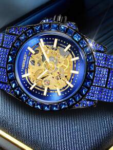 1 pieza Reloj mecánico de lujo para hombre totalmente cubierto de diamantes con correa de acero azul - mirar - Ver 5