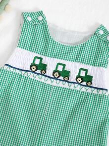 Quần yếm kẻ caro xanh lá cây cho bé trai và bé gái, áo liền quần không tay thêu hình máy kéo hoạt hình. - màu xanh lá - Xem 3
