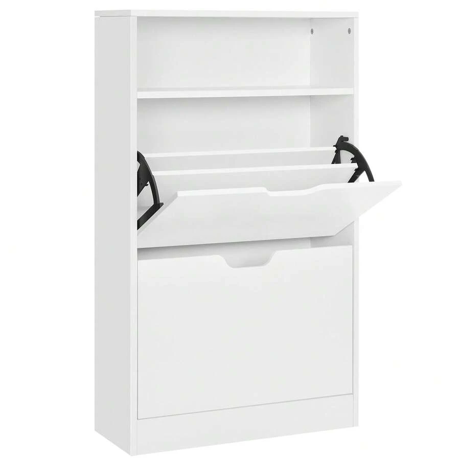 VASAGLE Armario para Zapatos con 2 Solapas, Zapatero con Estante Abierto, Chapa de Melamina, Fácil de Limpiar, 60 x 24 x 102 cm, Blanco - Blanco - Ver 1