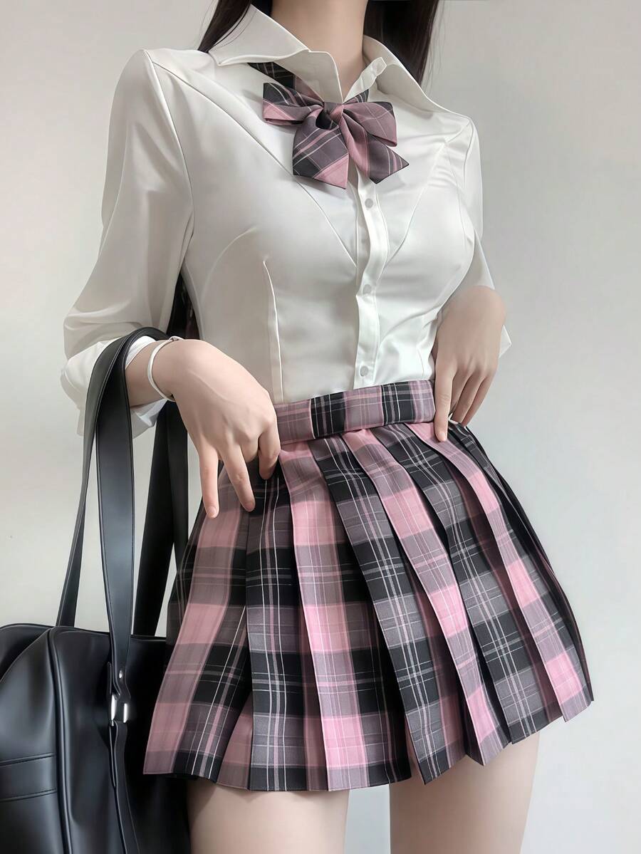 1 Set Japanese School Uniform Style White Long Sleeve Blouse & Plaid Skirt, Student Autumn/Winter Outfit - Multicolor - View 1