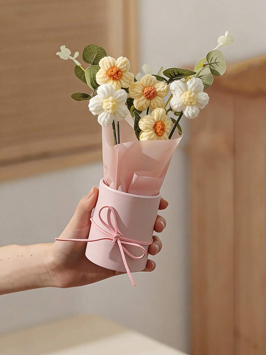 手工钩编花束，含粉色花瓶和礼品袋，手提式花束袋 - 母亲节、情人节、生日、教师节或周年纪念日的理想礼物 - 春季家居装饰、钩编用品、返校礼物 - 彩色 - 查看 1