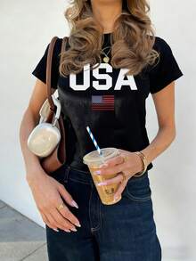 Damen Sommer Neu USA Bedrucktes Rundhals Kurzarm Lässig T-Shirt, modisch und vielseitig, geeignet für den täglichen Trageauf Damen Grafiktops Weiß Schwarz - Schwarz - Übersicht 8