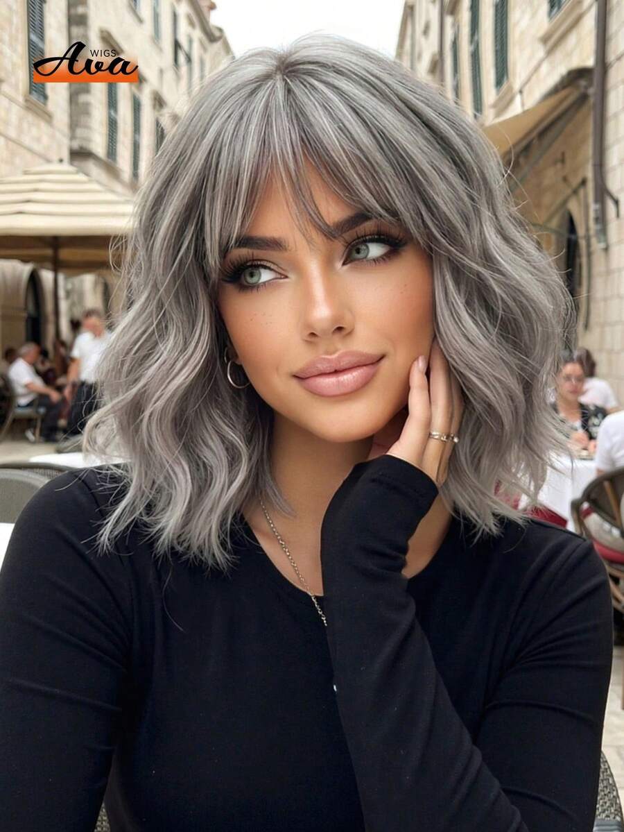 14 Inch Gray Short Wavy Curly Wig With Bangs, Short Bobbed Curly Hair, Beautiful Fashionable And Charming, Made Of Synthetic Fiber, Heat Resistant, Suitable For Women's Daily, Party, Holiday, Cosplay And Other Occasions, A Perfect Gift For Ladies. - Grey - View 1