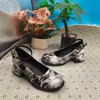 2025 New Dual-Color Flame Pattern Square Toe Chunky Heel Shoes, Buckle Design, Comfortable Soft Sole, Versatile For Daily, Commute, Date, Preppy School, Office