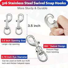 Kit de cuerda de poste de bandera de 50 pies cuerda de bandera de poliéster con 2 ganchos giratorios de acero inoxidable de 3.5 pulgadas y anillo de retención de poste de bandera de longitud - como en la foto - Ver 4