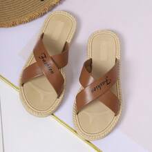 1 Pair Beach PU Leather Letter Flat Sandals, Suitable For Home & Holiday, Summer - Coffee Brown - View 2