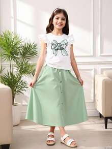 2pcs/Set Tween Girls Bow Print T-Shirt And Buckle Front Skirt Outfit - Green - View 6