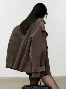 Plus Size Women Casual Jacket, Fashion Design With Lapel Collar And Double-Breasted Buttons, Suitable For Daily Wear, Commuting And Home, Ideal Choice For Spring And Autumn Seasons - Mocha Brown - View 2