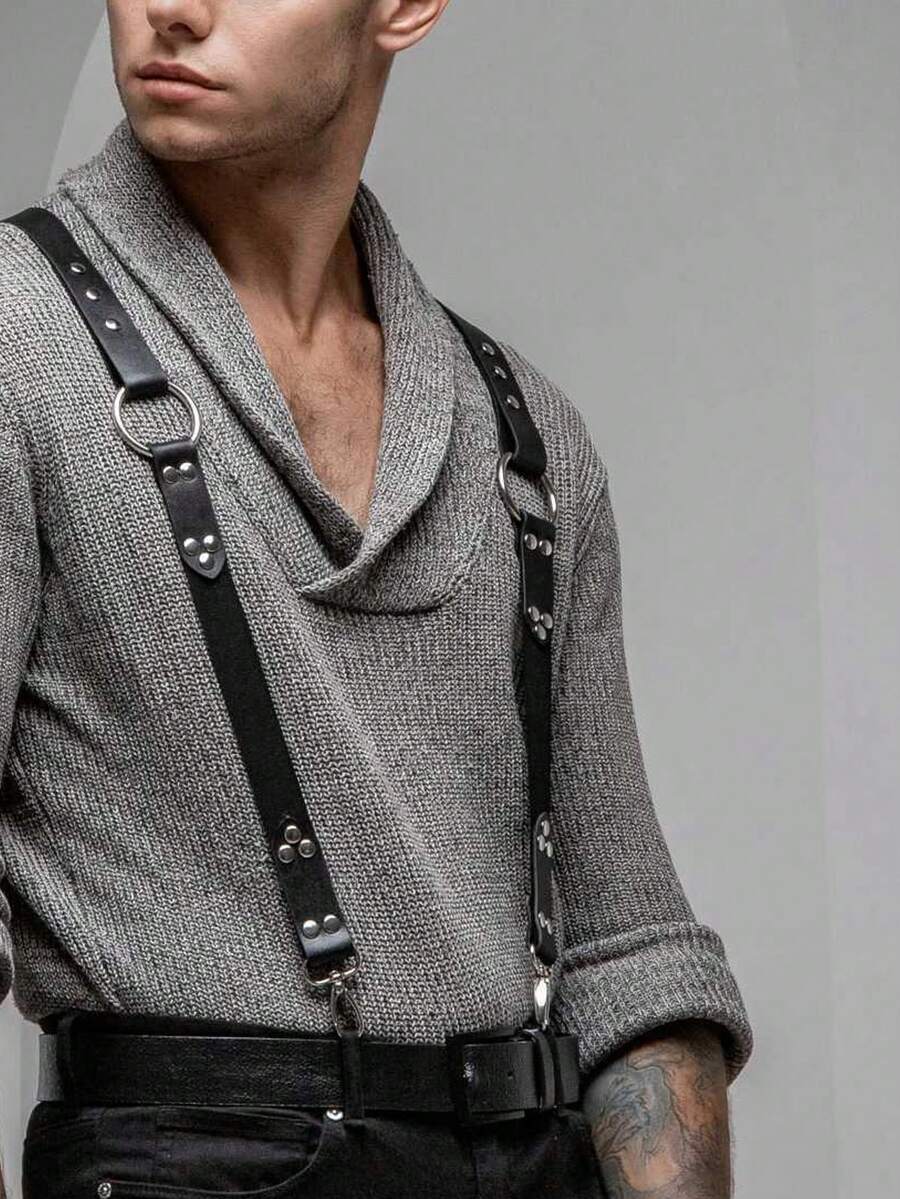 1 Pc Adjustable Men's Gothic Punk Suspender Belt Simple PU Leather Chest Harness Suitable For Valentine's Day Carnival Parties And Daily Wear - Creative Fashion Accessory Festive Look - Black - View 1