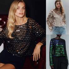 Womens Sequin Flared  Long Sleeve Blouse Tops Long Sleeve Sequined Loose Fit Glitter Sparkly Bell Sleeve Crew Neck Shirts Summer Holiday Beachwear Party Clubwear - 杏色 - 查看 7