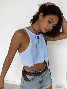 Women's Simple Solid Color Cropped Knit Tank Top - Baby Blue - View 3