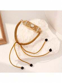 1pc Handmade Woven Arabic Style Bracelet, Hollow Rhinestone Inlaid, Drawstring Design Armband, Petite Vintage Design, Suitable For Moroccan Bride Wedding Party, Festival - Style 2 - View 10