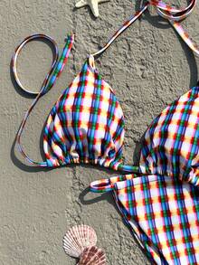 女士夏季泳装度假系列，复古格子挂脖三角比基尼，系带丁字裤两件套，性感显瘦收腹，高弹透气亲肤，美式复古辣妹风比基尼套装，海滩度假拍照必备时尚泳装套装 - 彩色 - 查看 5