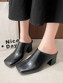 Chunky Heel Closed Toe Slip-On Mules For Women, Slouchy Slip-On, Trending Spring/Summer 2025 New Arrival - Black - View 1