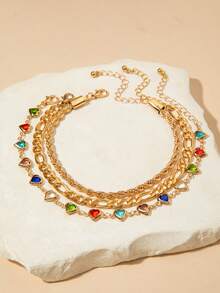 3pcs Fashionable Luxurious Copper Chain Rhinestone Decorated Iron Twisted Chain Anklet Set, Suitable For Party, Gift (Chain Length Customized, Rhinestone Size & Quantity Varies)