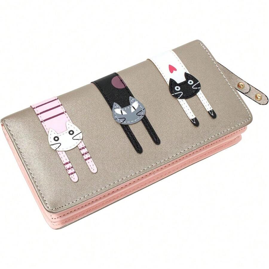 Mini Faux Leather Bifold Cute 3 Cat Zipper Clutch Wallet Handbag for Women Girls - Dorado (oro largo) - Ver 1