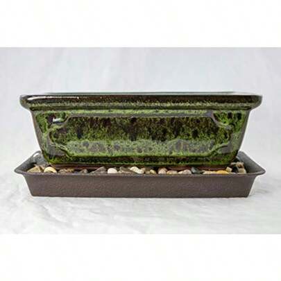 8" Rectangular Moss Green Glazed Bonsai Pot Cactus and Succulent Planter + Tray + Rock + Mesh Combo