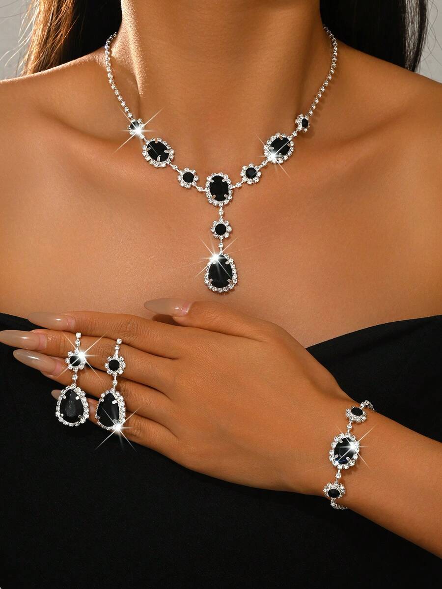 1 Set Crystal Jewelry Set - Teardrop + Cluster Style, Copper Material With Shiny Rhinestones, Suitable For Banquets & Celebrations, Excellent Valentine's Day Gift - Black and White - View 1
