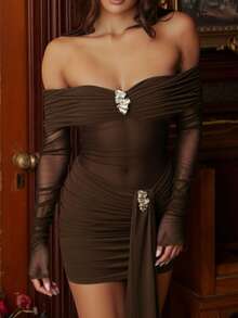 Meidaxexr 女士性感透视网纱荷叶边褶皱迷你连衣裙，金属装饰纯色优雅派对礼服，针织面料，适合海滩、度假、派对、生日、约会、单身派对、旅行、春夏等场合。 - 咖啡 - 查看 5