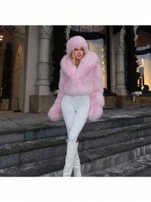 Pink Fur Coat Women's Jacket Artificial Fur Winter Pink Fox Fur Hooded Fleece Jacket - 粉色 - 查看 5