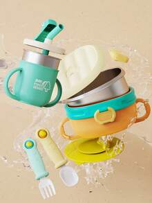 1 Set Kids Feeding Set Gift Box, Baby Food Bowl, Infant Training Sippy Cup, Fork & Spoon Utensils, Perfect Gift For Babies & Toddlers - Multicolor - View 6