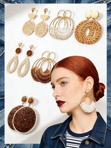 Women's Woven Earring Set, Summer Rattan Circle Wicker Earrings, Handmade Beach Jewelry, Woven Round Drop Earrings