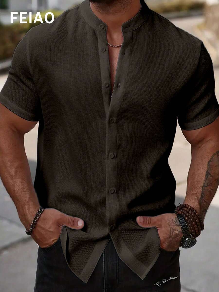 Áo Polo nam tay ngắn màu đen và nâu kẻ caro kiểu đồng xu cổ điển FEIAO - màu đen - Xem 1