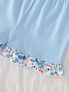 2件套女婴碎花无袖上衣和纯蓝色短裤套装，春夏款 - 淺藍色 - 查看 10