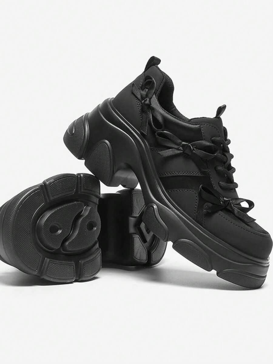 女士高跟休闲运动鞋，时尚休闲鞋，百搭厚底运动鞋，春季 - 黑色 - 查看 1