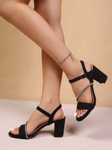 2022新款女士黑色粗跟凉鞋，中跟，露趾，搭扣带，休闲罗马风高跟鞋 - 黑色 - 查看 2