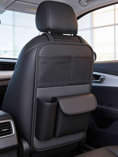 Bolsa de almacenamiento para el respaldo del asiento y el maletero del automóvil de cuero negro - Diseño de múltiples bolsillos, superficie resistente al agua, duradera, resistente a la carga, fácil de limpiar, adecuada para SUV, sedán y hatchback, almacenamiento colgante para artículos varios
