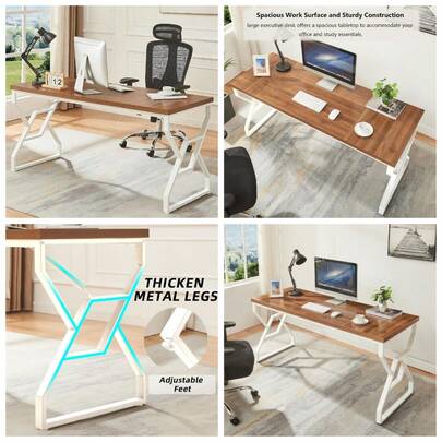 63-Inch Executive Desk, Large Writing Desk With Engineered Wood Tabletop And Metal Frame, Rustic Home Office Desks With Sturdy Structure, Long Computer Desks For Home Office, Study Room,White