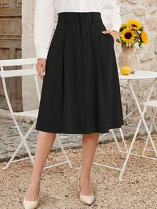 Casly Lamiit Women's Midi Skirt High Waist A Line Pleated Flare Business Casual Skirts With Pockets For Office Dating Crafted From Quality Twill Blazer Fabric For A Structured Yet Comfortable Feel - 黑色 - 查看 2