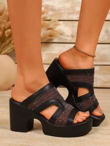 1双女士豹纹皮革套脚凉鞋，休闲粗跟高跟鞋，透气百搭 - 香檳色 - 查看 4