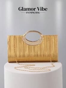 1pc Women's Gold Glitter Evening Clutch Bag, Metallic Pleated Leather, Metal Decorations & Chain Strap, Suitable For Weddings, Parties, Galas, Festivals, Formal Dresses, Valentine's Day, Birthday Gifts - Gold - View 7
