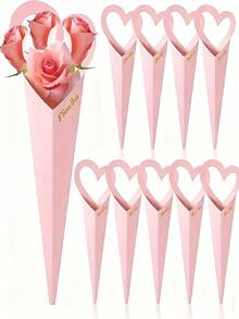 10个粉色花束礼品袋 | 心形镂空和单朵花包装纸 - 薄纸花店礼盒，适用于婚礼回礼、情人节、生日、迎婴派对 - 优雅的粉白相间展示盒（派对用品散装） - 彩色 - 查看 1