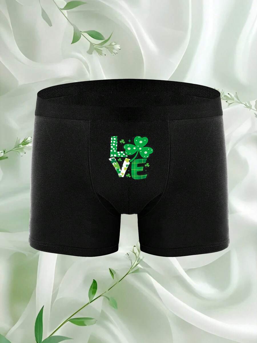 Men's Black Letter Print Briefs, Elastic Comfortable Everyday Underwear - Black - View 1