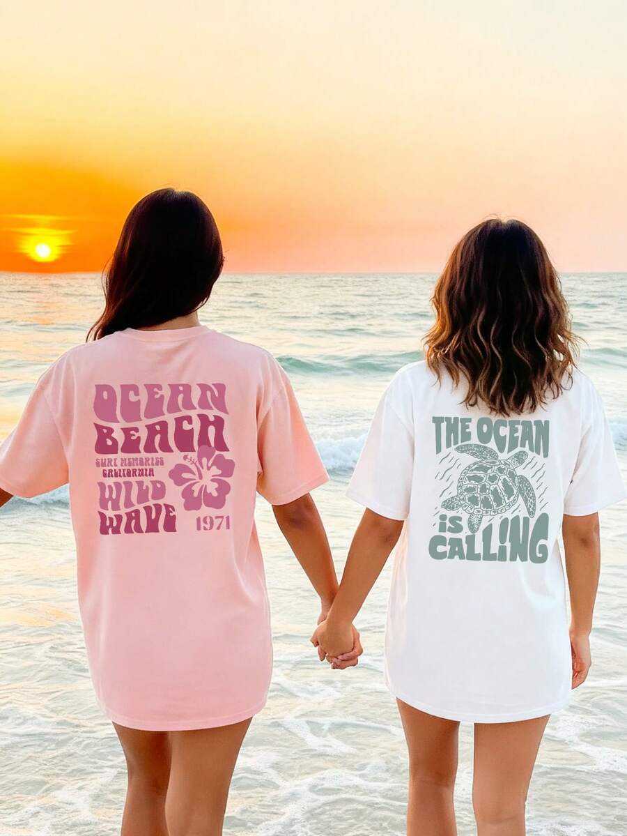 两件套，女式夏季休闲度假风格百搭字母和海龟印花图案圆领短袖T恤。图案T恤女式白色上衣黑色上衣粉色上衣度假装女式