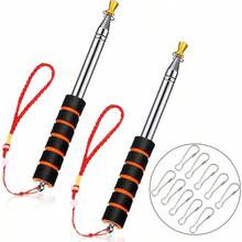 2 piezas 2 m de mástil telescópico de acero inoxidable portátil extensible y 10 piezas gancho para asta de bandera para aula guía turística bandera pancarta - AzulyRojo - Ver 1
