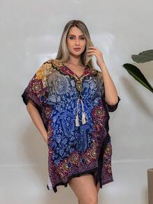 KIARA BRAZIL Women's Short Printed Boho Chic Dress | Loose Kaftan With Tie And V-Neck – Summer - AE-25111 - Màu xanh lam - Xem 3