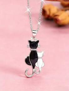 1件 时尚可爱黑白猫咪吊坠项链
