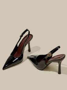 Women's Black Patent Leather Pointed Toe Stiletto High Heels, Elegant Closed-Toe Lace-Up Evening Dress Shoes With Ankle Strap - Black - View 3