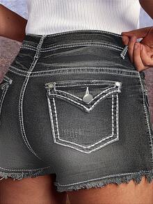 Women's Casual Washed Vintage Ripped Frayed Hem Fitted Denim Shorts - Grey - View 4