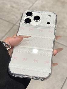 新款时尚蕾丝粉色蝴蝶结波点软手机壳，兼容 17 Pro Max、17 Pro、16 Pro Max、17 Air、14 Pro、13、12 Pro、15 Plus、11、13，创意亮面果冻后盖 - 白色 - 查看 4