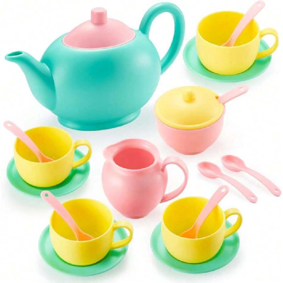 JOYIN Juego de 18 Piezas de Juego de rol para Fiestas de té, Accesorios de Comida, sin BPA, sin ftalatos, Juego de té de plástico, Mini Cocina para niños, Regalos para niños pequeños y niñas de 3, 4,37057277 - Multicolor - Ver 1
