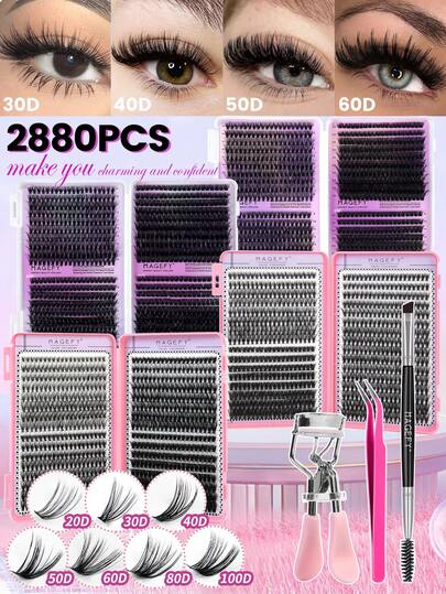 MAGEFY 2880 piezas Conjunto de pestañas postizas falsas DIY Eid Mubarak, incluye rizador de pestañas, cepillo de cejas de doble extremo, pinzas, cepillo de cejas, pestañas postizas individuales gruesas 20D/30D/40D/50D/60D/80D/100D, pestañas de mink sintético suaves, adecuado para maquillaje de ojos de gato, fiestas de belleza y viajes