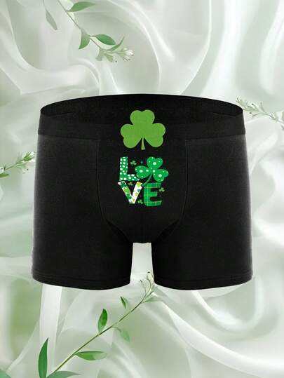 Men's Black Briefs With Minimalist Letter Pattern, Underwear With Clover Decor, Elastic & Comfortable For Daily Wear