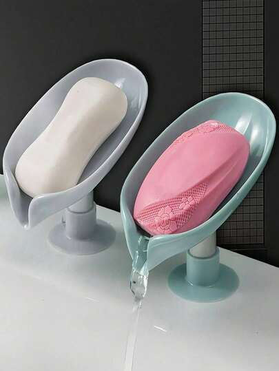 1/2pcs Leaf Shape Soap Dish With Drain Outlet, Soap Container With Suction Cup At The Bottom, Plastic Drain Self-Adhesive Soap Holder, Soap Holder Tray Tool For Kitchen And Bathroom, Soap Box, Bathroom Storage And Organization Items, Bathroom Gadges, Multipurpose Soap Storage Shelf, Storage Rack, Bathroom Accessories(Grey, Green) Home Bathroom Decor, Summer Back To School